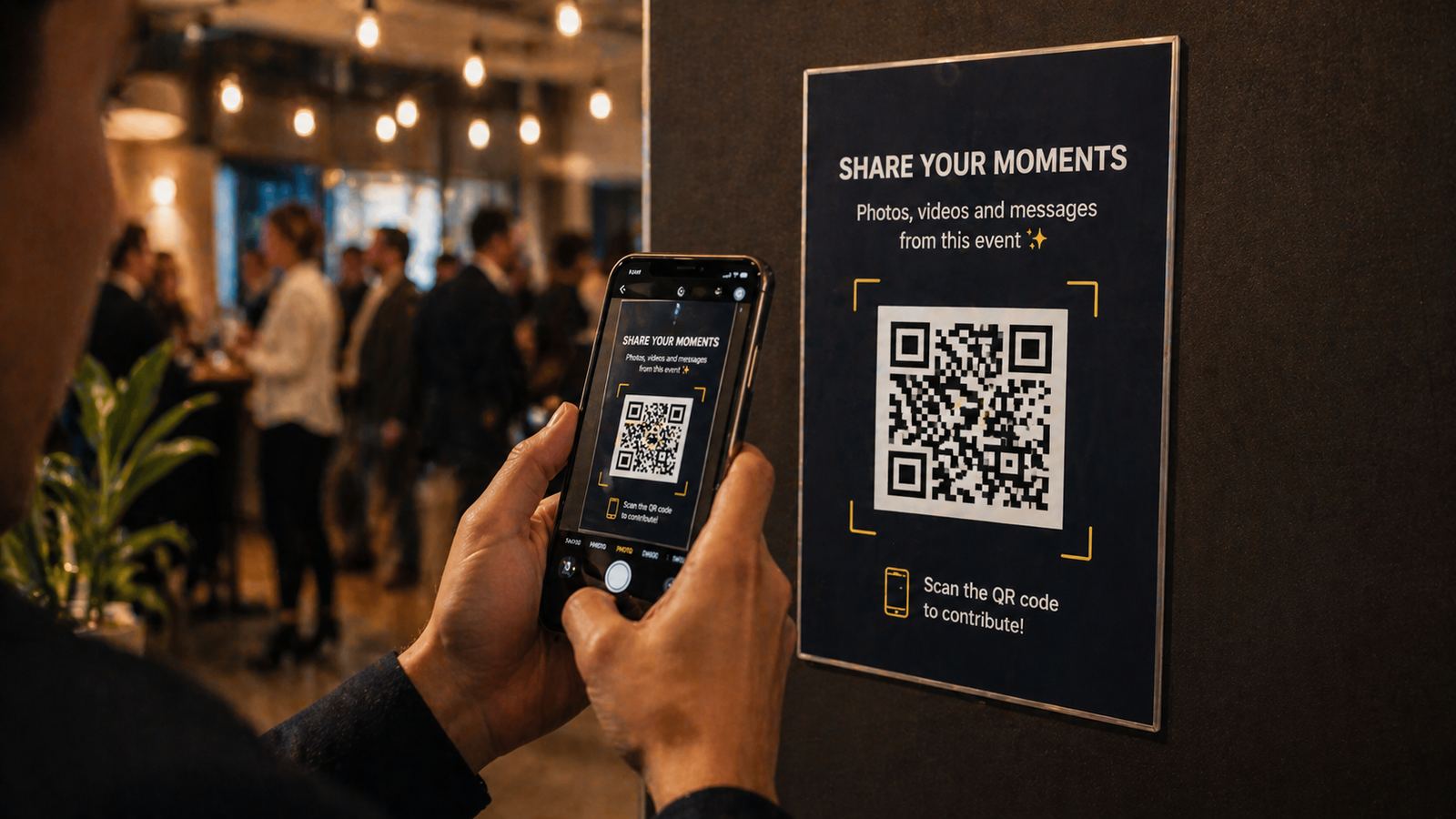 A guest photographs a QR code sign at an event